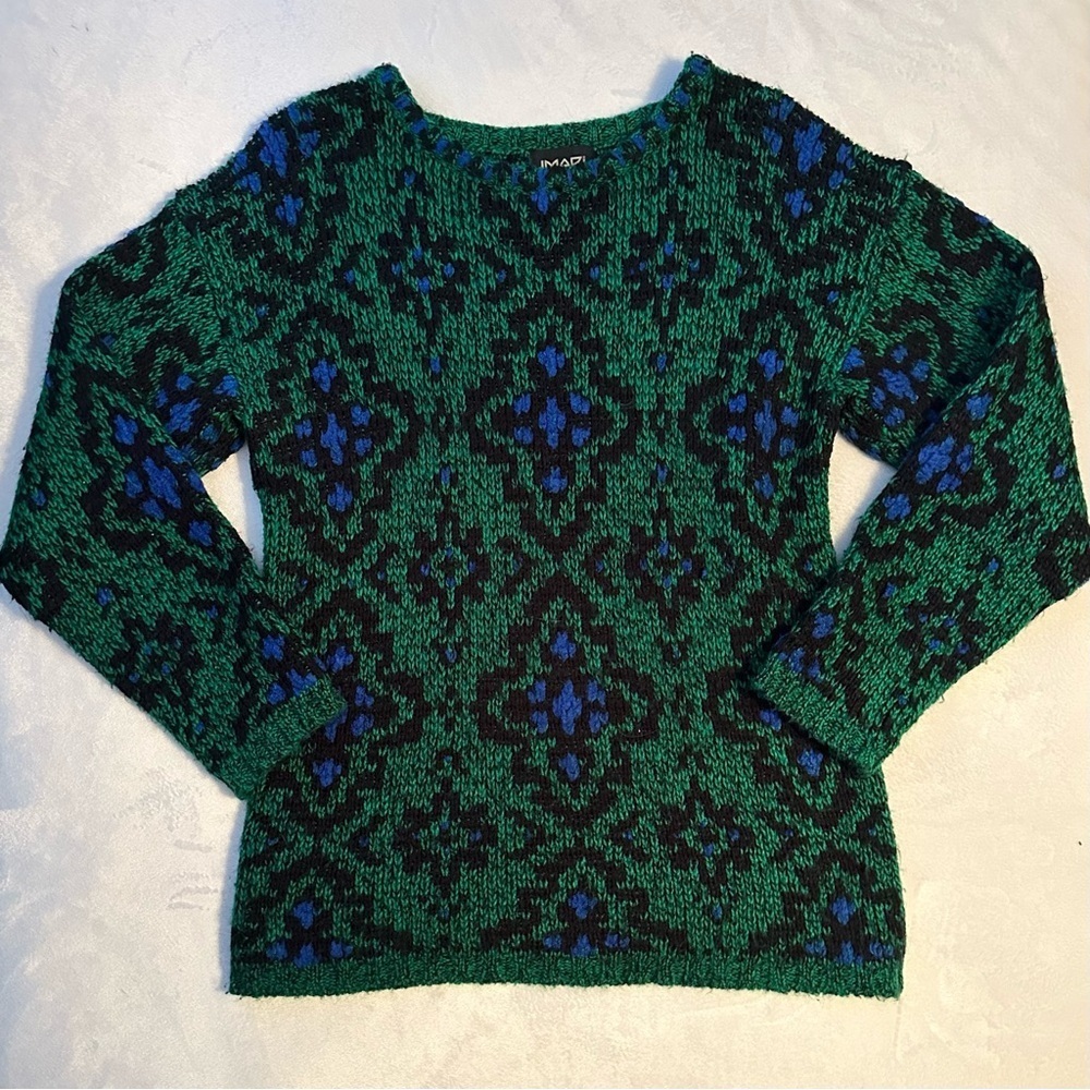Vintage 80s Imari Green Blue Black Pattern Knit Crewneck Sweater Womens S